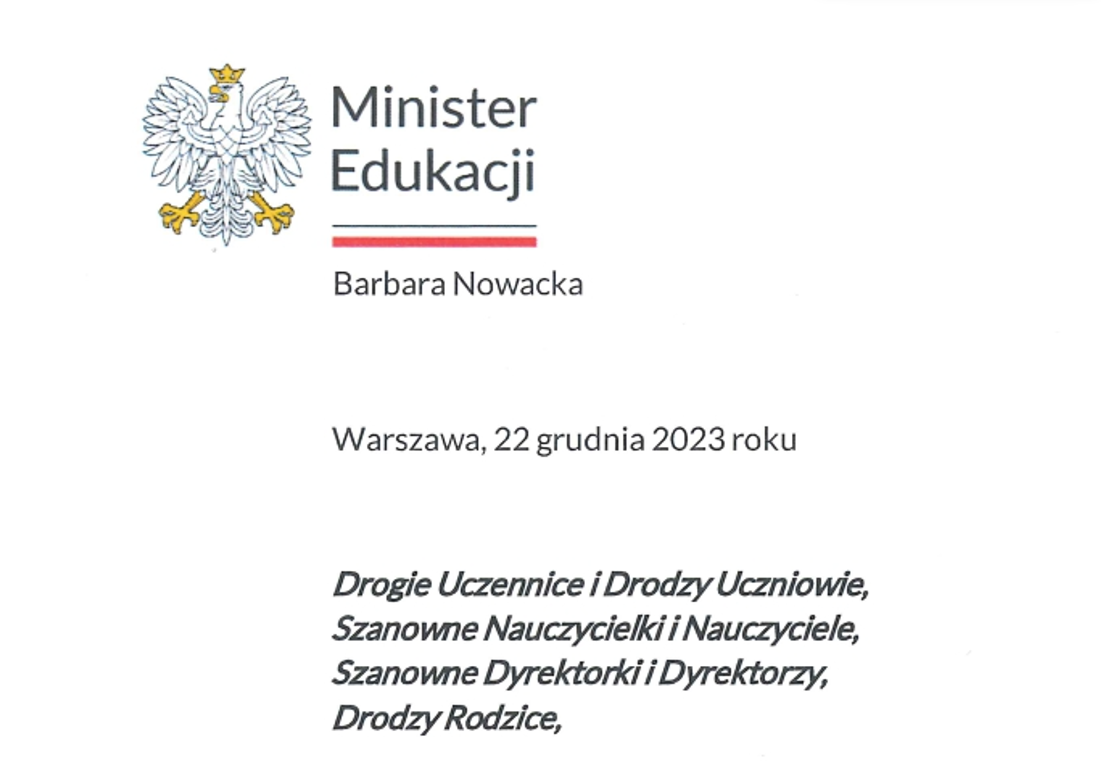 List Ministra Edukacji Pani Barbary Nowackiej.